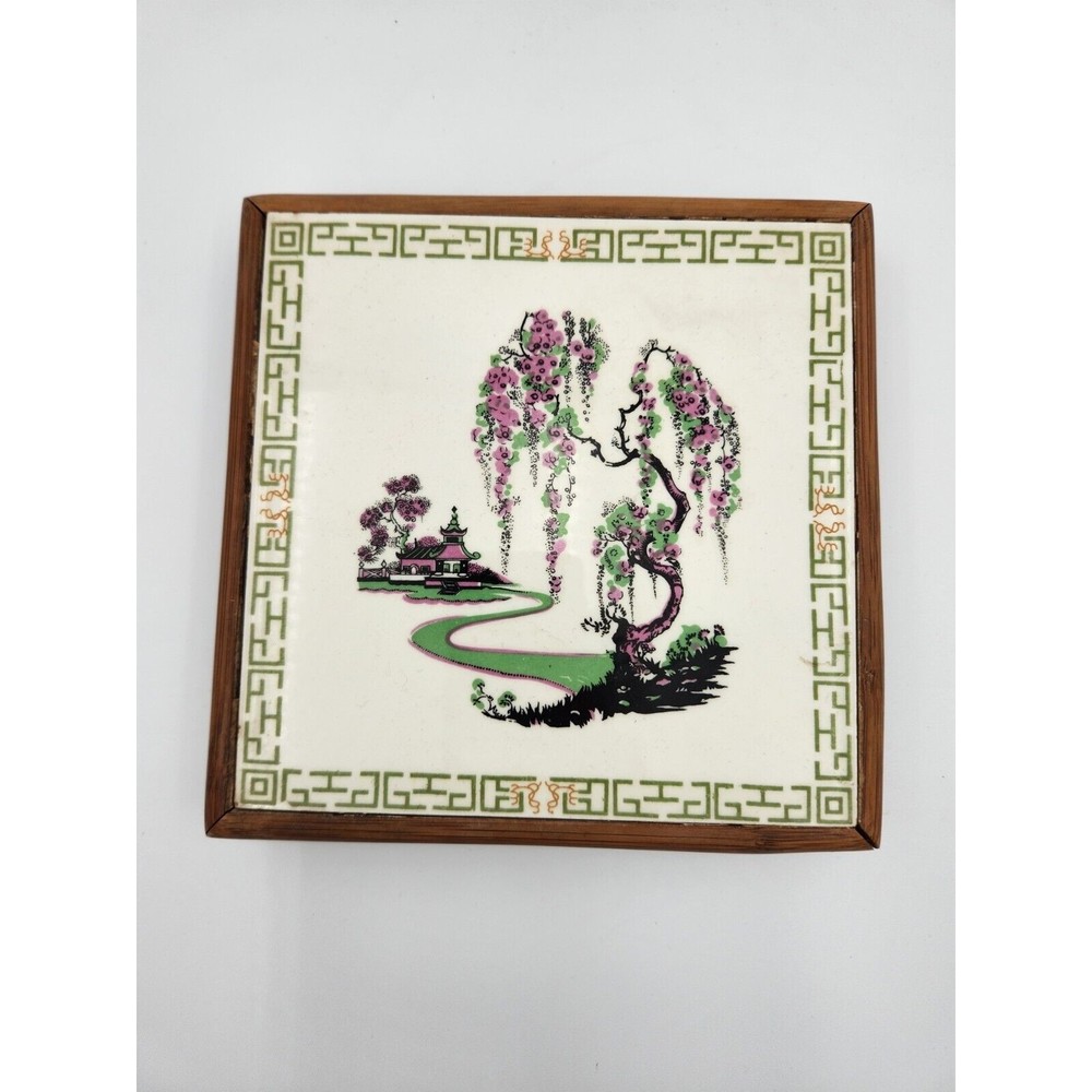 Vintage wood and‎ tile trivet Flowers Made in Japan Ito's Bamboo Handcrafts